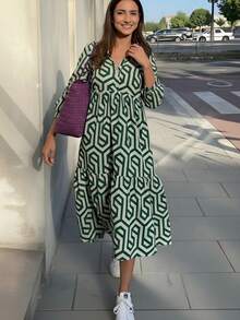 Autumn Women's Clothing, Women's Autumn Dresses, Long Sleeve Lapel Geometric Pattern Shirt-Style Open Collar Dress, Suitable For Commuting, Daily Wear, Outdoor, Women's Teacher Dress, Back To School, Soft Woven Fabric - Green - View 4