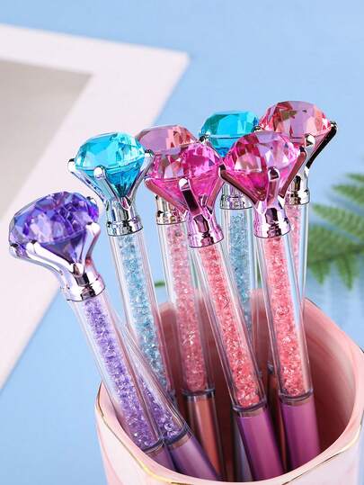 6pcs New Faux Metal Shaft Big Diamond Ballpoint Pens, Colorful Crystal Glitter Liquid Ink Gem Ballpoint Pens, Prizes