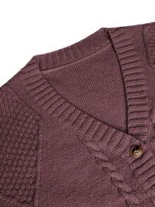 1 pieza Cárdigan de punto de cable acanalado con cuello en V, manga larga y botones delanteros para mujer de talla grande, chaqueta casual y versátil, adecuada para otoño e invierno - Rosa Oxidada - Ver 6