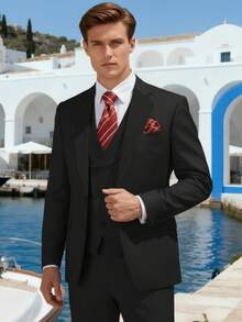 Men's Suits Slim Fit 6 Piece Suits For Men Double Breasted Suit With Tie Brooch Pocket Square Wedding Suits Jacket Vest Pants Tuxedo Suit Set(Suits+Pants+Vest+Tie+Brooch+Pocket Square)For Business Dinner Wedding Party, Suitable For Formal Occasions, Perfect Gift For Business Professionals Spring/Summer/Fall, Formal Attire|Sleek Formal Attire|Nonstretch Fabric - 黑-黑色 - 查看 7