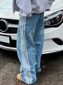 Vaqueros de pierna ancha para hombre Y2K, vaqueros con estampado de rayas a la moda, estilo americano, cintura elástica vintage, vaqueros elásticos con bolsillos. - Azul - Ver 5