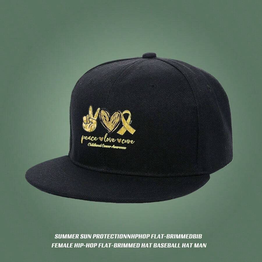 A black chilblain breaker hat with a gold hand, heart, and rosebone pattern. A cool design with keywords for raising children's cancer awareness. small head around low cap duckville cap fashionable Baseball cap large head around sports snapback cap retro breathable graphic print unisex baseball cap flat bill cap snapback cap ball cap low cap snapback haphop baseball cap visual duck cap - ブラック - チェックする 1