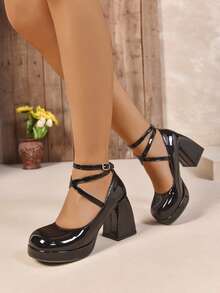 French Mary Jane Shoes For Women, Unique Design, Elegant Vibe, Chunky Heel, Round Toe, Waterproof Platform, High Heel Shoes - Black - View 1