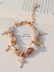 1条时尚漩涡吊坠手链，1条十字架钥匙DIY手链，1条经典锁头钥匙手链，1条十字架爱心手链 - 金色 - 查看 10