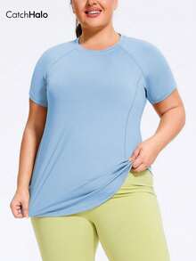 Camiseta deportiva de manga raglán con detalles reflectantes, de tela transpirable y de secado rápido, con bajo curvo, para uso casual y fitness, talla grande - Azul - Ver 10