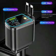 四合一星空车载充电器，120W快充车载充电器，USB-C车载充电器适配器，带星空车顶的车载配件，USB接口车载手机充电器，180°可调节插头 - 黑色 - 查看 5