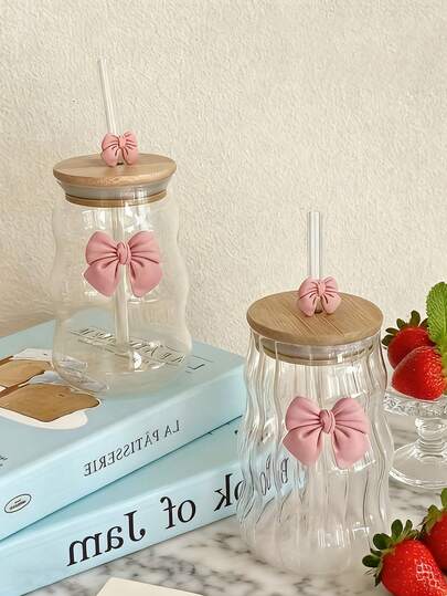 Bow Glass With Lid And Straw, Exquisite Bow Glass, Wave Striped Glass, Suitable For Coffee, Tea, Milk, Iced Americano And Latte Drinks, Drinking Cup, Valentine's Day Gift, Back To School Season Gift, Home & Life / Kitchen & Dining / Drinkware / Cup,Christmas Gifts