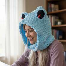 Women Hat Scarf Combo, Cute Frog Soft Warm Knit Balaclava Winter Neck Warmer Fashion Accessories - Blue - View 2