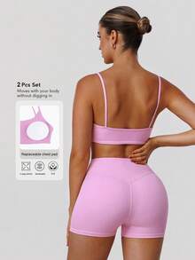 Sodalemon Women 2Pcs Fitness Sets Backless Padded Sport Bra No Front Seam Outdoor Cycling Shorts Elastic Gym Training Sport Set - 粉色 - 查看 2