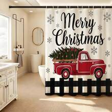 1pcFestive Red Vintage Truck Christmas Shower Curtain With Snowflake Print And Merry Christmas Text For Holiday Bathroom Decor