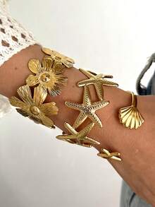 3 pièces Ensemble de bracelets en métal vintage avec design exagéré de fleurs, étoile de mer et coquillage, convient pour un port quotidien et en cadeau - Doré - Voir 1