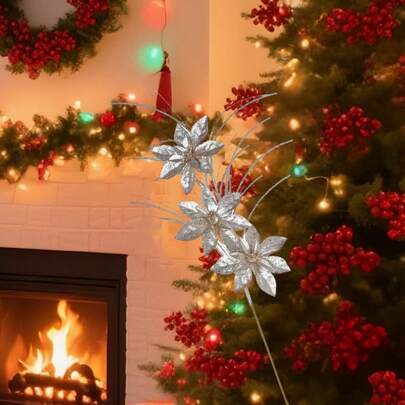 Christmas Tree Picks Glitter Artificial Poinsettia Flowers With Stems For Vase Home Holiday Party Decorations