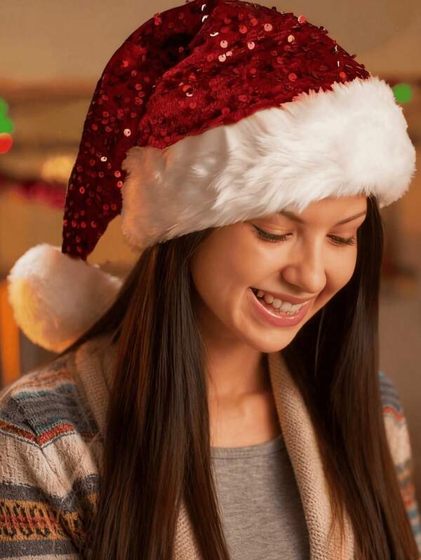 1 Stück Weihnachts-Mütze mit süßem rotem Pailletten-Weihnachtsmann für Erwachsene und Kinder, Bommel personalisierte Dekorationen, rote Pailletten-Weihnachtsmützen, Feiertags-Party-Mützen, doppellagige Mütze, Größe für Erwachsene und Kinder
