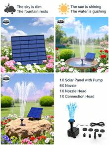 1pc DIY Solar Powered Fountain Pump (With 6 Adjustable Nozzles), Solar Powered Outdoor Fountain, Suitable For Garden, Bird Bath, Pond And Swimming Pool Decoration, Automatic Water Feature