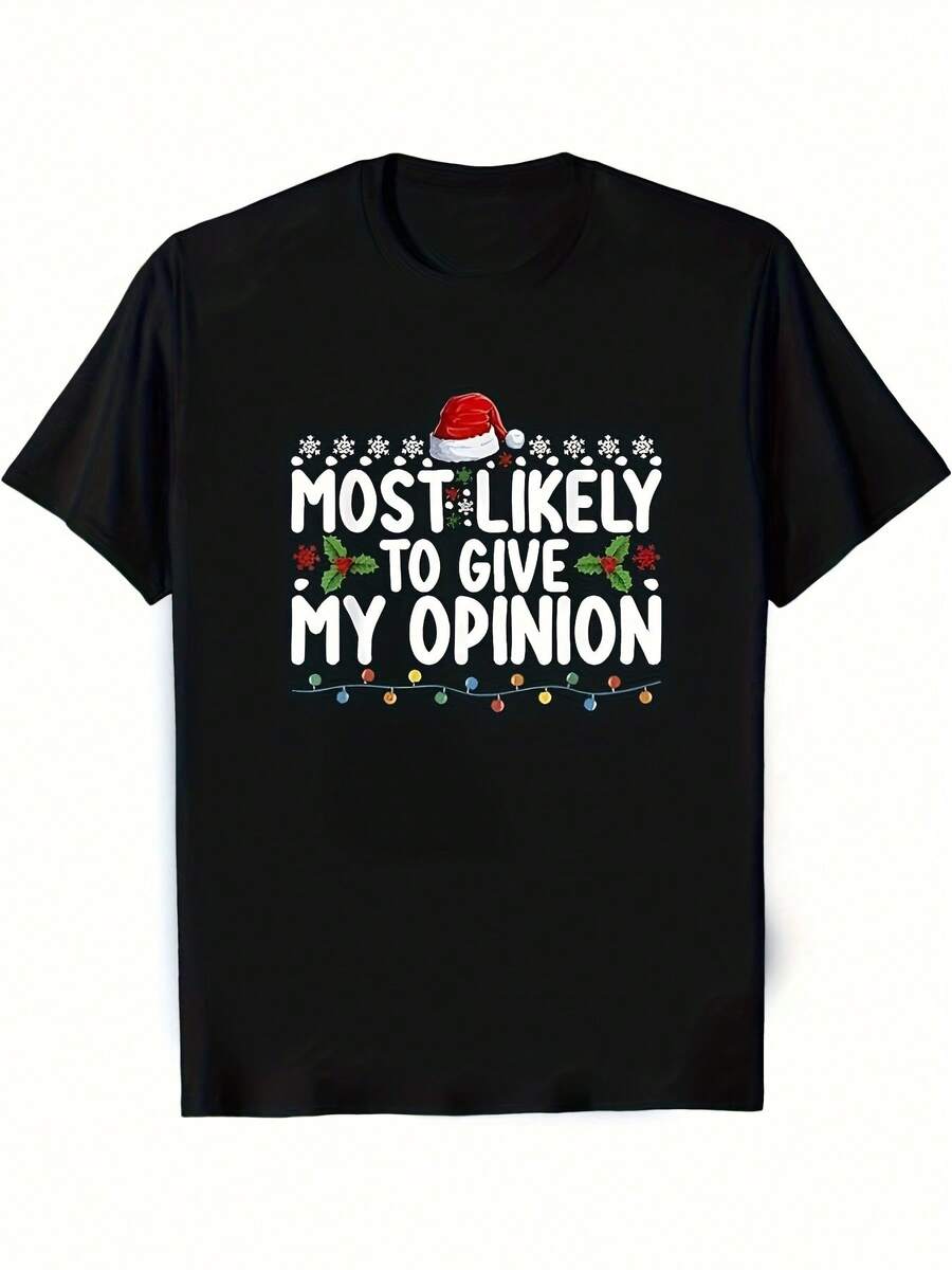 Camiseta Navideña Divertida - Gráfico de Gorro de Santa "Más Probablemente Daré Mi Opinión" - Negra con Accesorios Rojos y Verdes - Camiseta Suave y Transpirable 100% para Hombres y Mujeres - Fiesta Navideña, Atuendos Casuales - Regalo Divertido para Navidad - Atuendos a Juego para Parejas - Atuendo Casual Todo el Año, Ropa de Temporada, Diseño Juguetón, Ajuste Cómodo, Camiseta de Declaración, Ropa para Parejas, Camiseta Más Probable para Navidad, Camiseta Más Probable para Mujeres, Navidad Más Probable, Camiseta de Navidad Familiar, Camiseta de Navidad Familiar, Hombres - Negro - Ver 1