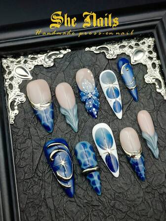 10pcs Acrylic Nail Art Set, Cute Baroque Punk Rock Y2K Gothic Chrome Gold Nail Design, Includes 10 Styles Of American, European And French Glossy Metallic Cat Eye Black, Gold And Blue Long Stiletto Handmade Acrylic Nail Stickers