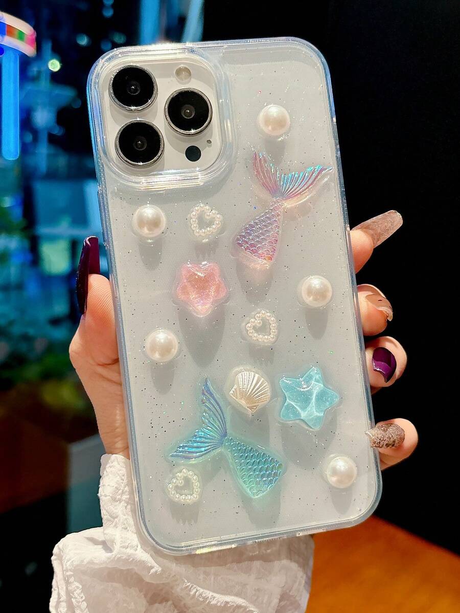 可爱夏季海星鲸鱼贝壳图案吊坠环氧树脂透明手机壳，兼容 16/17/15/14/13 Pro Max，3D环氧树脂软壳，韩国少女贝壳 - 無色 - 查看 1