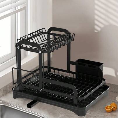 2-Tier Carbon Steel Dish Rack Plate Cup Drying Drainer Storage Organizer Drip Tray Cutlery Holder 42*32*30cm