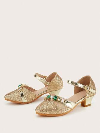 1双女童水钻水晶金属链亮片高跟镂空尖头优雅时尚百搭新款演出鞋、派对鞋、圣诞鞋，适合春、夏、秋季穿着