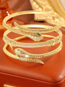 3pcs Golden Jewelry Set Light Luxury Elegant Copper Bracelet Set Dating Scene Eye-Catching Accessory Multi-Element Snake Design Show Exquisite Charm - Gold - View 2