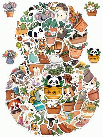 50张花盆动物贴纸 可爱卡通熊猫兔子贴纸 DIY笔记本日记本行李箱文具瓶青少年礼物贴纸