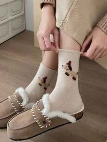 4 pares de calcetines gruesos y cálidos de media pantorrilla con diseño de cachorros adorables en estilo coreano, calcetines versátiles y holgados, surtido aleatorio enviado - Multicolor - Ver 4
