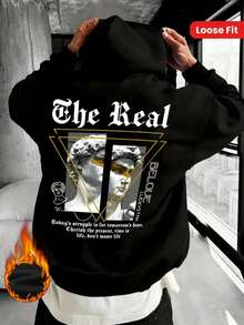 男士宽松连帽衫，黑色基础款休闲卫衣，饰有大卫和几何图案，秋冬款，长袖上衣 - 黑色 - 查看 1