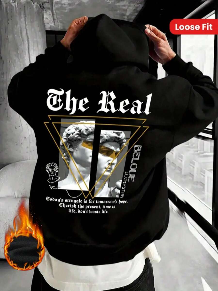 男士宽松连帽衫，黑色基础款休闲卫衣，饰有大卫和几何图案，秋冬款，长袖上衣 - 黑色 - 查看 1