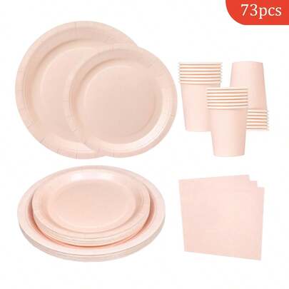 1 Set Of Light Pink Disposable Plates, Napkins And Cups, Party Supplies For 16 Guests, Disposable Paper Plates Suitable For Birthday, Wedding, Party, Family Picnic