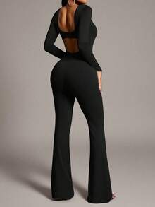 AiTyi 女士连体裤，修身、休闲、露背、时尚、性感、显瘦、舒适，适合运动、户外、通勤等场合，百搭，适合毕业典礼、圣诞节、新年、感恩节、秋冬季节穿着，镂空、弹力、针织、长袖、喇叭裤腿连体裤，黑色，春季优雅款 - 黑色 - 查看 3