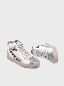 Baskets montantes pour femme avec détails à paillettes et imprimé léopard, design scintillant et fermeture éclair – style urbain chic et glamour - Kaki - Voir 2