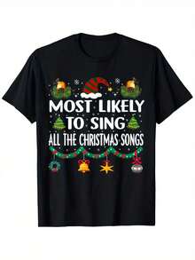 Camiseta 'Más Probablemente Cantará Todas las Canciones Navideñas - Negra con Letras Blancas e Iconos Festivos (Bastones de Caramelo, Campanas, Copos de Nieve) - Top de Manga Corta con Cuello Redondo Suave para Fiestas Navideñas, Atuendos de Karaoke y Regalos de Navidad - Negro - Ver 2