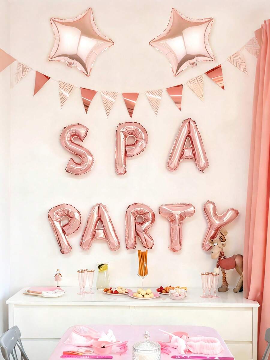 14件裝玫瑰金SPA橫幅箔氣球套組,含「Spa Party」字母、嘴唇口紅箔氣球與五角星,睡衣派對裝飾,適用女孩睡衣/SPA/化妝派對 - 彩色 - 查看 1