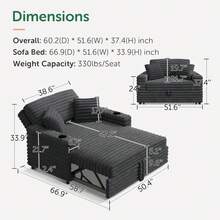 Gray Plush Corduroy Upholstered Couch 3-In-1 Convertible Pull-Out Sofa Bed Sleeper Loveseat With Reclining Backrest, Built-In Cup Holders For Small Space - Dark Grey - View 4