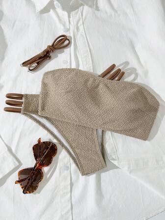 Dam 2-delad enfärgad elegant avslappnad sexig rygglös flätad bikiniset, justerbara axelband för strandsemester