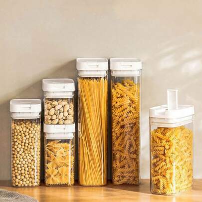 1件/套密封食品储物盒 - 塑料材质，适用于存放谷物、意面、豆类、零食和干货，带防漏盖 - 必备厨房储物盒 - 多种尺寸可选，可用于餐饮、备餐、家居装饰和厨房配件