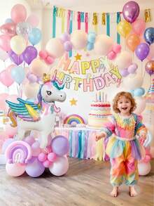 106pcs Unicorn Birthday Wreath Arch Balloon Set, Includes 3D Crown Unicorn, Macaron Birthday Pennant, Latex Balloons, Suitable For Macaron Rainbow Theme, Unicorn Birthday Party, Engagement Wedding Party, Unicorn Baby Shower - Multicolor - View 4