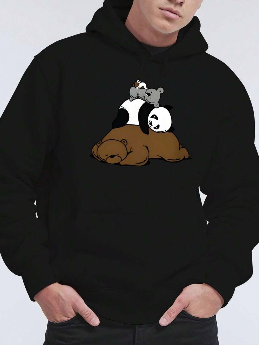Sudadera con capucha de patrón cómodo para hombres con diseño de panda y canguro - Sudadera suave para otoño e invierno, sudadera gris con ribete negro, regalo perfecto para hombres, ropa de otoño | Top estampado animado | Tratamiento de tela brillante, regalo de panda - Negro - Ver 1