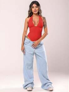 Women's Bodysuit, Low-Cut, Polyamide, Deep Neckline, Halter Neck, Multi-Way Style – Elegant Blogger Fashion - 紅色 - 查看 2