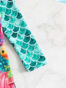 Girls Cute Mermaid Print Zipper Long Sleeve One-Piece Rash Guard Swimsuit - Mint Blue - View 4