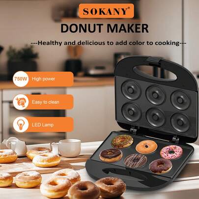 SOKANY 08042 Donut Maker. Breakfast Maker. 750W High Power, Double-Sided Heating. Aluminum Material, Non-Stick Coating + LED Light. Suitable For Homemade Donuts, Cakes, Breads And More. Kitchen Essential, Baking Must-Have.