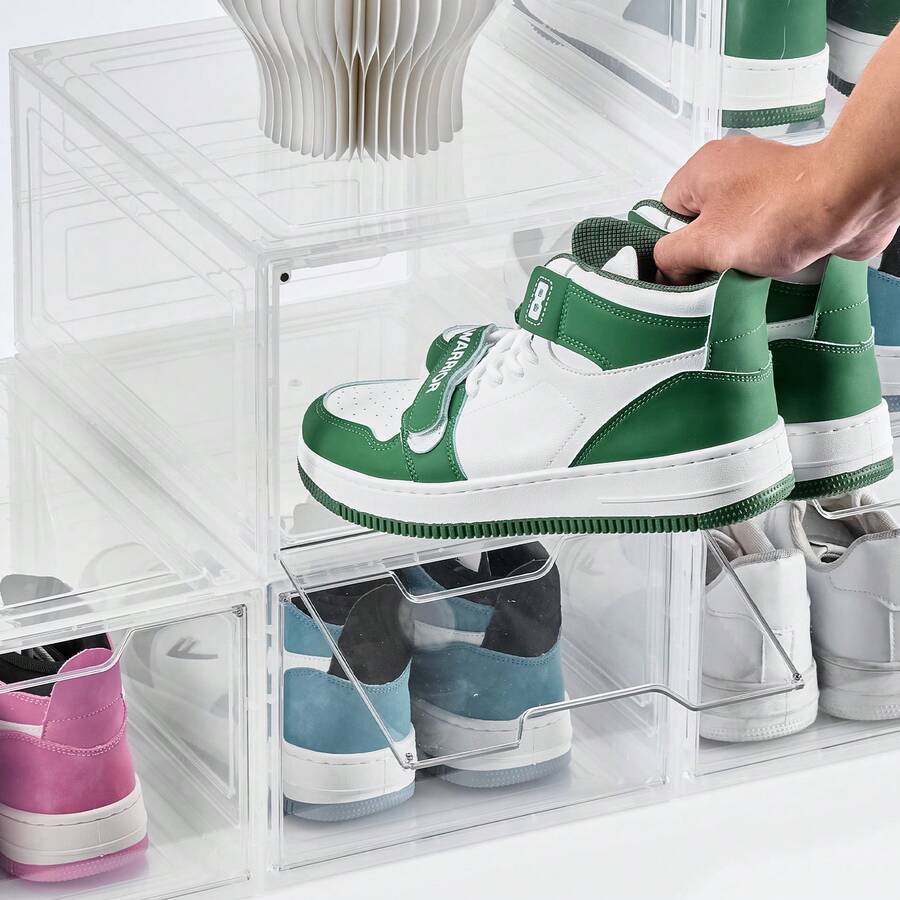 Shoe Storage Boxes, 6 Pack Clear Stackable Shoe Boxes Storage Organizers With Magnetic Door, Fit Up To US Size 13, Plastic Sneaker Containers For High Heels, Boots, And Hats, Transparent White - Fully transparent magnetic clasp set (6 pieces, white) - 查看 1