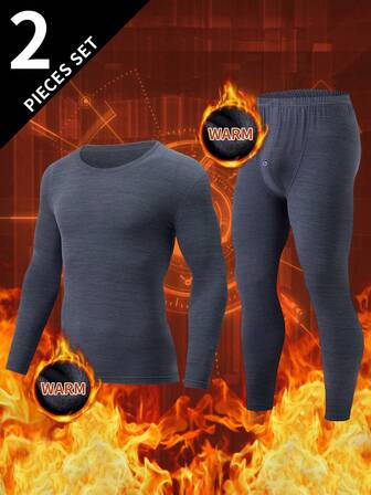 2 piezas Conjunto de ropa interior térmica para hombres, Camiseta de manga larga + Pantalones, Capa base casual y cálida para otoño/invierno