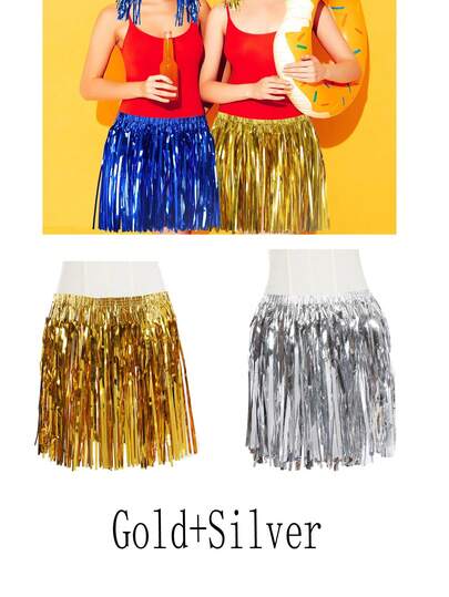 40cm Gold & Silver Grass Skirt, Birthday Party Decorations, Hawaiian Beach Dance Party Supplies