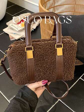 1 pieza Bolso de mano de piel de PU y parche de peluche, cierre con cremallera, bolso cruzado Boston casual y ligero para mujer