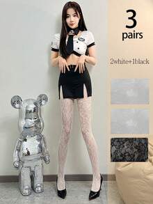 1pc New Vintage Sexy Stockings, Floral Jacquard White Pantyhose, Hollow Lace Net Stockings, Spring/Summer Tights For Dress, For Christmas Gift - Flowers - View 20