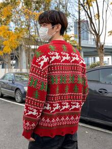 Suéter masculino de Natal, suéter vermelho com estampa de rena, novo estilo 2025, borla desgastada