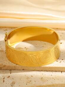 1 pièce de bracelet vintage de luxe en acier inoxydable avec imprimé tournesol, bijou de mode unisexe convenant pour un port quotidien, pour les vacances et les fêtes - Doré - Voir 3