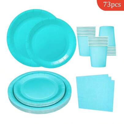 Light Blue Disposable Plates, Napkins, Cups - Party Supplies For 16 Guests, Disposable Paper Plates Suitable For Birthday, Wedding, Party, Family Picnic