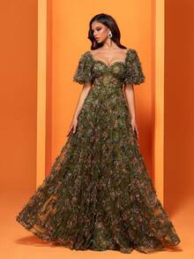 Damklänning med blommig mesh och hjärtformad krage, extra lång - Olivgrön - Visa 7